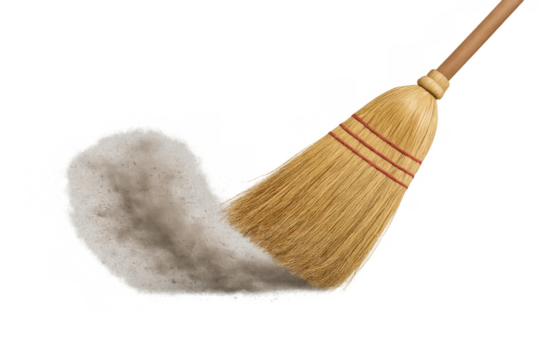 Broom sweeping dust particles into a pile for cleaning, symbolizing household chore and cleanliness on transparent background