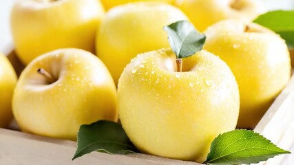 Golden Apples: An inviting close-up showcases a bounty of fresh, ripe golden apples, glistening with dew and ready to be enjoyed. A perfect embodiment of nature's simple and delicious gift.