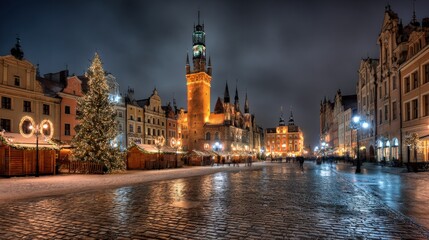 Fototapeta premium Illuminated Cityscape at Night: Market Square with Christmas Tree and Historic Architecture in Winter
