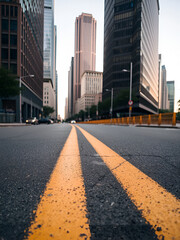 Empty city street with yellow lines and tall buildings in the background, a perspective shot of the asphalt.