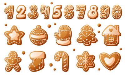 Gingerbread cookies in various shapes including numbers, stars, mittens, and a house. The cookies are decorated with icing and have a brown color.