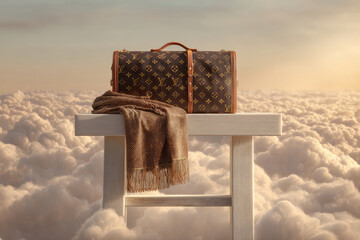 A luxurious patterned travel bag and scarf rest on a bench above