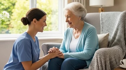 A heartwarming scene shows a young caregiver in scrubs, seated closely and holding hands with a smiling senior woman in a chair by a bright window. The atmosphere is one of comfort, reassurance, and