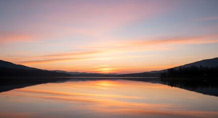 Beautiful sunset over a calm lake with mountains in the distance and colorful sky reflecting on the water surface
