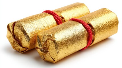 Two golden wrapped chocolates, tied with a red string, perfect for gifting and festive celebrations