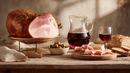 Elegant Still Life of Cooked Ham, Red Wine, Cheese, Olives, and Crusty Bread on Rustic Wooden Table