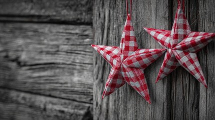Rustic Holiday Stars: Red and White Gingham Ornaments Hanging on Weathered Wooden Wall, Festive Christmas Decor
