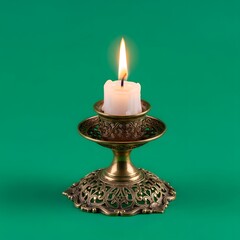 A lit white candle placed in an ornate metallic candle holder against a vibrant green background, creating a warm and calming ambiance suitable for meditation or decoration