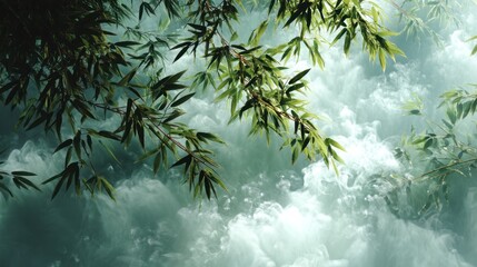 Vibrant green bamboo branches and leaves set against a tranquil, ethereal mist and fog background, evoking serenity