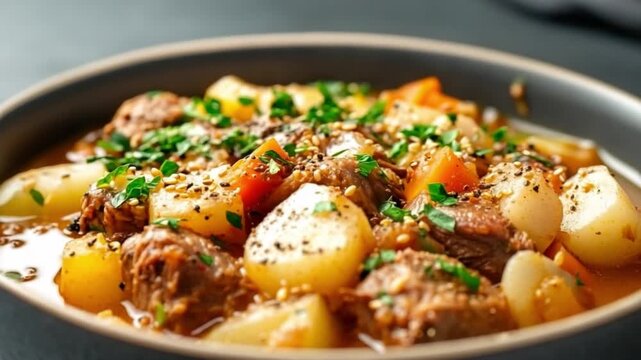 Hearty Beef Stew: A flavorful and inviting beef stew, brimming with tender chunks of meat, hearty vegetables, and savory broth. This dish is a culinary delight, perfect for a cozy meal.