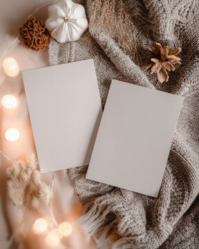 Cozy Autumn Mockup Featuring Two Blank Cards, Soft Blanket, Pumpkin and Pinecone, Ideal for Seasonal Greetings