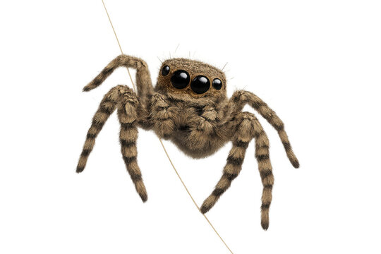 Jumping spider hanging from a silk thread, furry insect with large black eyes on transparent background