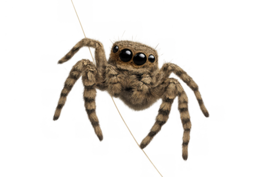 Jumping spider hanging from a silk thread, furry insect with large black eyes on transparent background