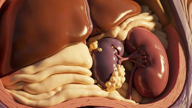 Fat deposition around vital organs, soft golden light illuminating liver and kidney tissue