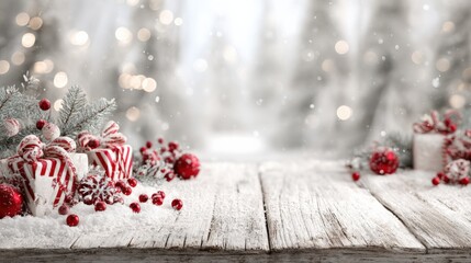 Christmas Holiday Background with Presents, Baubles, and Snowflakes on a Rustic Wooden Surface