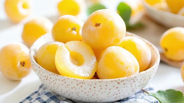 Golden Harvest: A still life of ripe apricots, arranged artfully in a ceramic bowl. capturing the fruit's natural color, shape, and fresh appeal, highlighting the essence of summer abundance.
