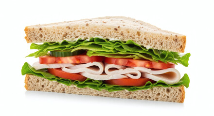 Healthy whole-grain sandwich with lettuce, tomato and chicken, isolated on bright white