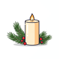 A lit cream-colored candle with a warm flame, surrounded by green pine needles and red berries, symbolizing winter holidays.