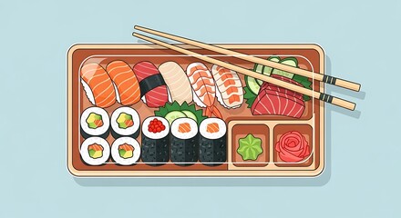 Naklejka premium Delicious Sushi Bento Box with Chopsticks and Condiments.