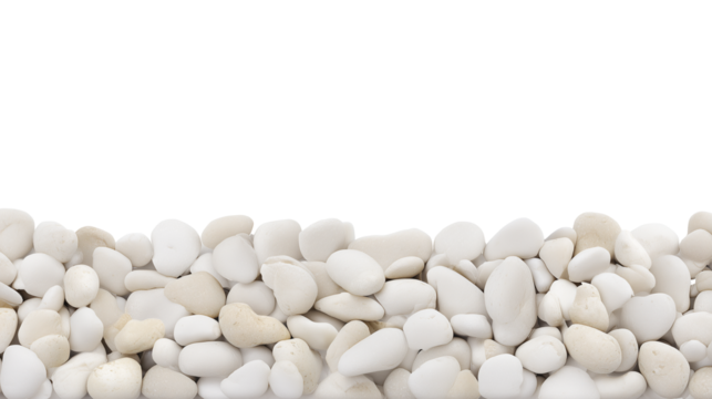Close-up of densely packed smooth rounded pebbles with soft white and light beige tones on transparent background