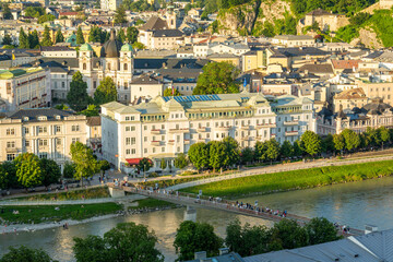Fototapeta premium Salzburg Old Town on Sunny Summer Evening. Salzach River. Austria