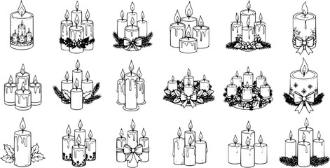 Christmas Advent Candles Set, Hand-Drawn Black and White Line Art Icons. Festive Holiday Decorations with Bows and Evergreen Branches, Perfect for Winter Celebrations and Spirituality.
