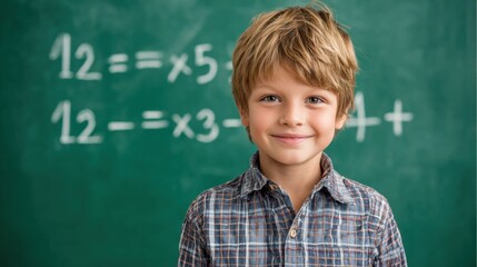 Young Boy Smiling in Front of Chalkboard with Math Equations, Demonstrating Academic Success