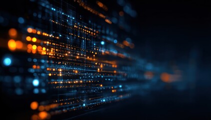 Abstract digital data flow with blue and orange lights in dark space.