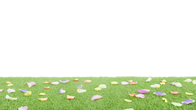 Close-up of lush grassy field with scattered rose petals on transparent background