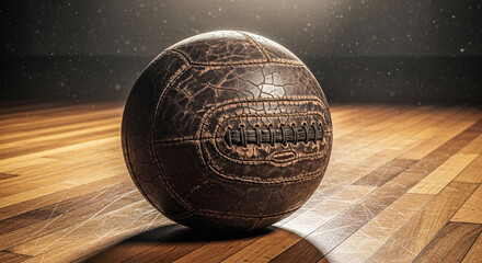 Vintage leather soccer ball on wooden floor evokes sports history and nostalgia