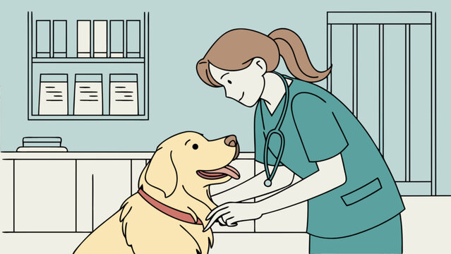 Veterinarian examining a golden retriever in a clinic setting with shelves and medical equipment present
