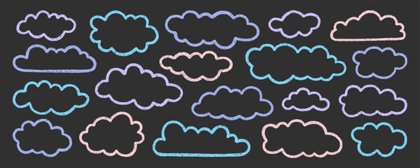 Chalk pencil clouds doodle set. Childish crayon sky, Pastel kids sketch. Grunge texture. Hand drawn vector illustration isolated on black background