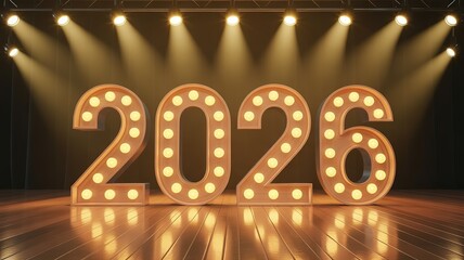 Happy New Year 2026 Celebration Stage Background with Illuminated Numbers and Spotlights
