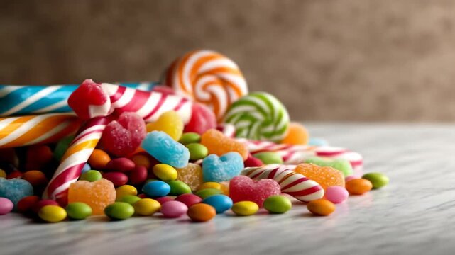 Colorful candy assortment on tabletop sweet treats confectionary
