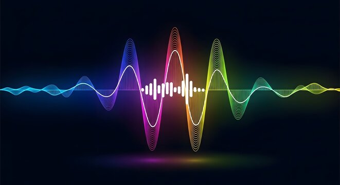 A vibrant digital sound wave visualization with colorful peaks and valleys representing audio frequencies on a dark background