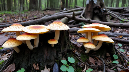 Common honey agaric. A group of mushrooms growing on stumps and piled trees in the forest