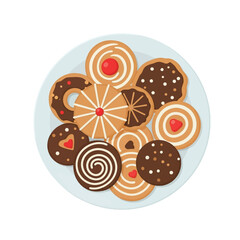A top-down view of a light blue plate filled with an assortment of delicious, decorated cookies, featuring various shapes and toppings.
