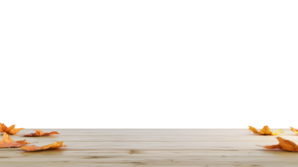 Autumn leaves on a light brown wooden surface with transparent background