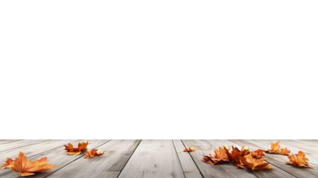 Minimalist autumn scene with vibrant orange and yellow leaves on a light gray wooden floor, isolated on transparent background