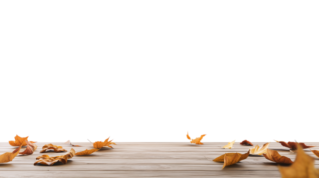 Autumn leaves on textured wooden surface with transparent background
