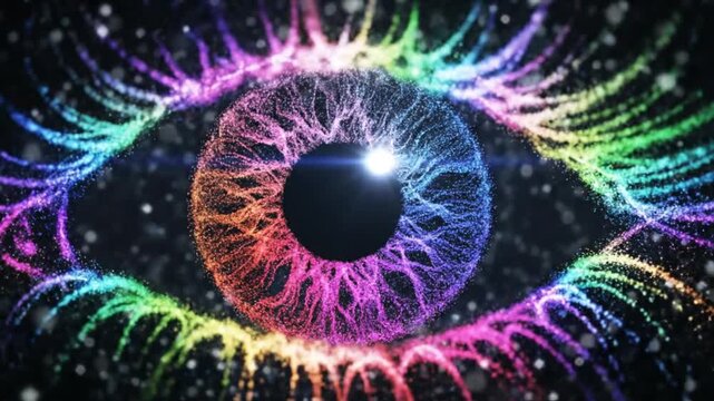A mesmerizing abstract animation depicts a vibrant, kaleidoscopic eye formed from countless glowing particles. The intricate iris radiates a full spectrum of rainbow colors, with elegant, swirling par