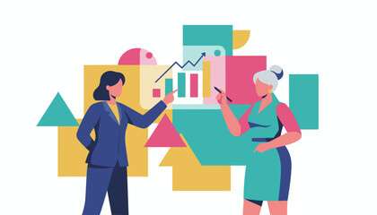 Businesswomen discussing data analysis and market growth presentation illustration
