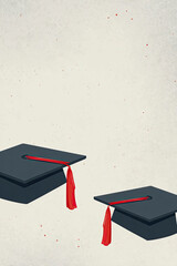 Two graduation caps, red tassels, beige background