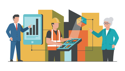 Diverse team analyzing performance data and controlling industrial operations using modern technology