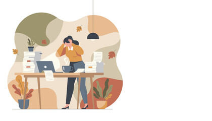 Stressed employee overwhelmed by massive paperwork deadlines and burnout in the modern office