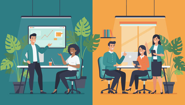 Collaborative business teams working in modern professional and plantfilled office environments