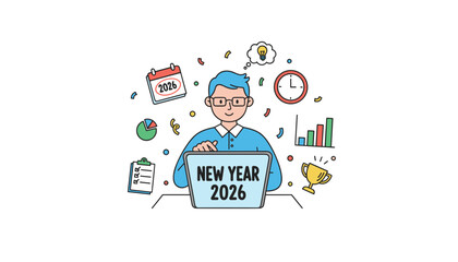 Businessman planning New Year 2026 goals ideas and strategy for future success and achievement