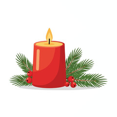 A red burning candle surrounded by green fir branches and red berries, festive illustration.