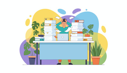 Fototapeta premium Anxious employee stressed by piles of paper and workload at desk Business burnout concept