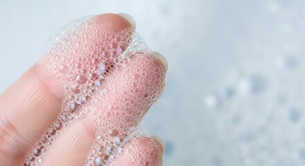 Macro Fingertips Holding Creamy Foam Bubbles in Refreshing Soothing Skincare Moment.
